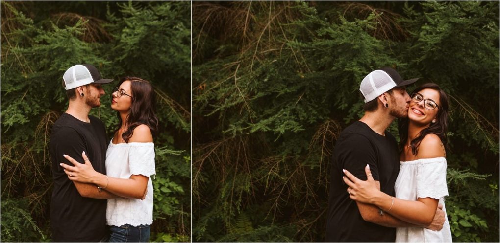 Premier snohomish & seattle wedding photographer | gsquared weddings photography a couple stands in front of lush green foliage during their snohomish engagement In the first image they look at each other and smile in the second the man kisses her cheek as she smiles joyfully at the camera | serving snohomish seattle                   & beyond