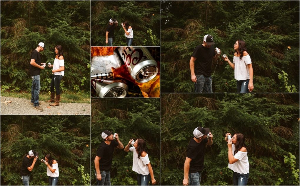Premier snohomish & seattle wedding photographer | gsquared weddings photography a collage shows a man and woman outdoors in front of trees holding and drinking from beer cans laughing and playfully pouring beer during their snohomish engagement One close up shows crushed beer cans on a blanket | serving snohomish seattle                   & beyond