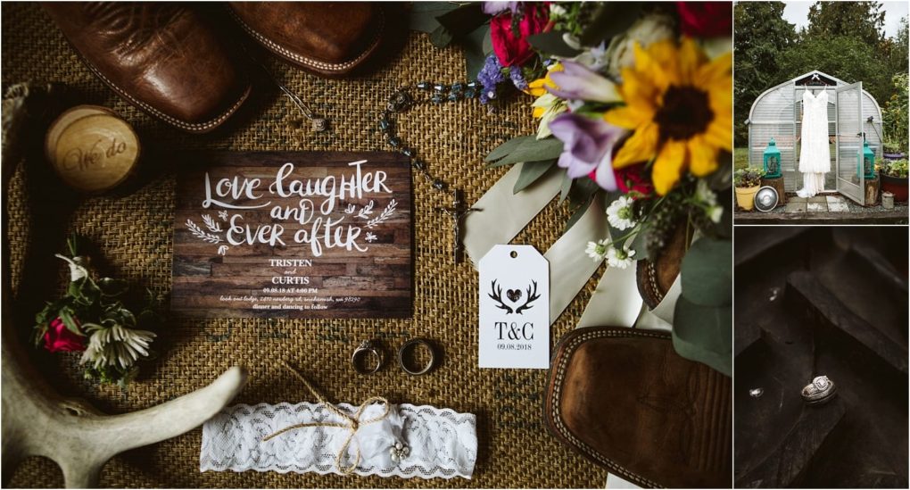 Premier snohomish & seattle wedding photographer | gsquared weddings photography a rustic snohomish wedding flat lay with cowboy boots flowers rings jewelry lace garter antler and invitation Side images show a white dress on a shed and an engagement ring on dark fabric | serving snohomish seattle                   & beyond