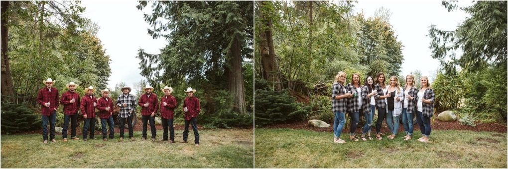 Premier snohomish & seattle wedding photographer | gsquared weddings photography two photos side by side on the left seven men in maroon shirts and cowboy hats on the right seven women in plaid shirts all outdoors with trees and grassa perfect snohomish wedding or engagement party near seattle | serving snohomish seattle                   & beyond