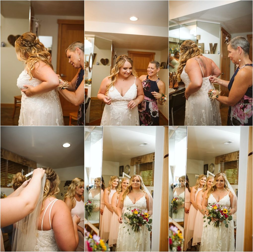 Premier snohomish & seattle wedding photographer | gsquared weddings photography a collage of six photos shows a bride getting ready for her snohomish seattle wedding someone helps with her dress adjusts her hair and finally she stands smiling with bridesmaids holding a colorful bouquet | serving snohomish seattle                   & beyond