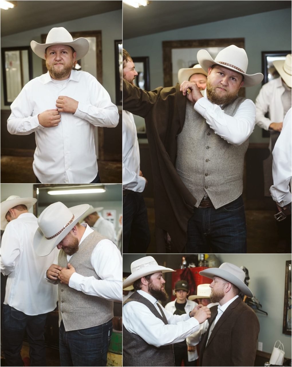 Premier snohomish & seattle wedding photographer | gsquared weddings photography four men in cowboy hats and western attire get dressed for a snohomish seattle wedding One fastens his shirt puts on a vest adjusts a jacket and gets help with his tie while others prepare and help each other as well | serving snohomish seattle                   & beyond
