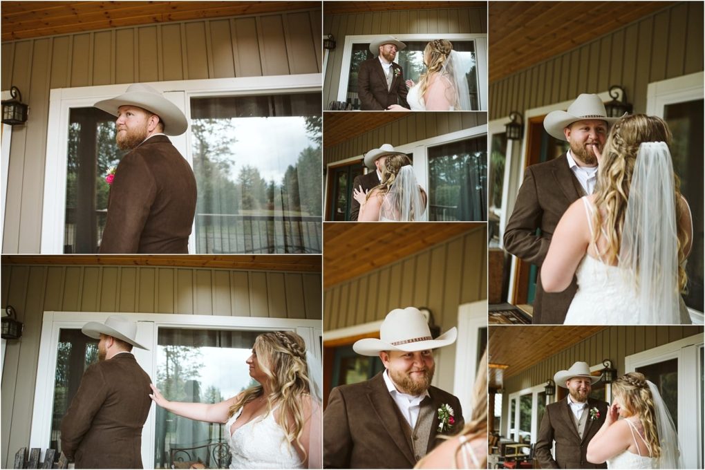 Premier snohomish & seattle wedding photographer | gsquared weddings photography a photo collage captures a snohomish bride and grooms first look on a porch The groom in a cowboy hat and brown suit beams with surprise as the bride in a white dress and veil gently taps his shoulder before their seattle wedding | serving snohomish seattle                   & beyond