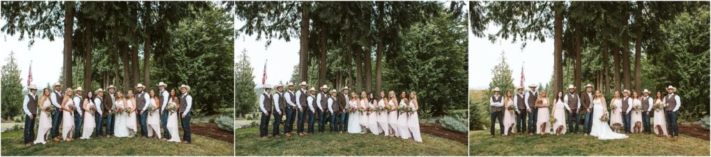 Premier snohomish & seattle wedding photographer | gsquared weddings photography a wedding party stands outdoors in front of tall trees at a snohomish seattle wedding featuring bridesmaids in light pink dresses groomsmen in vests and cowboy hats and the bride and groom in the center | serving snohomish seattle                   & beyond