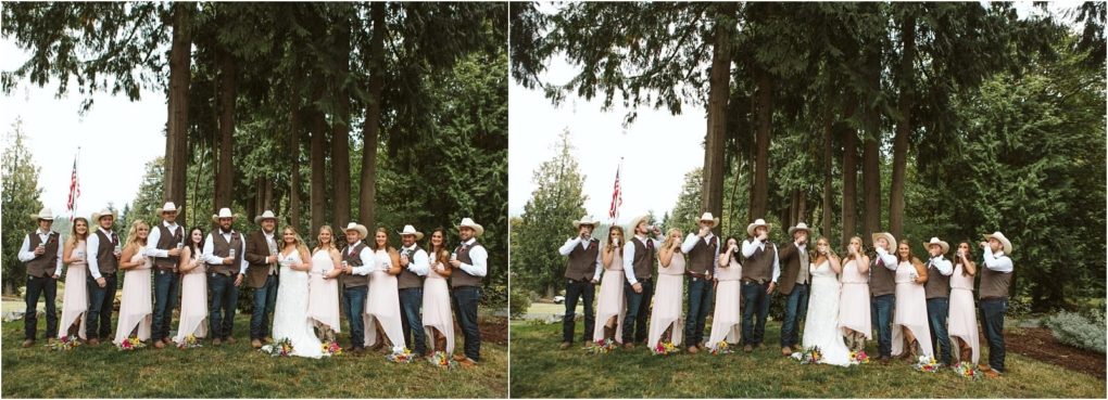 Premier snohomish & seattle wedding photographer | gsquared weddings photography a wedding party poses outdoors in front of tall trees at a snohomish celebration Bridesmaids in blush dresses groomsmen in vests and cowboy hats and the bride and groom gesture playfully mimicking finger guns | serving snohomish seattle                   & beyond