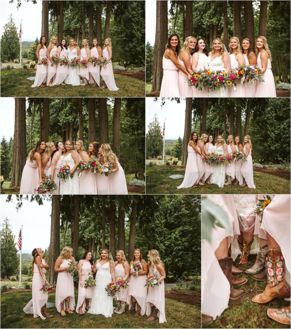 Premier snohomish & seattle wedding photographer | gsquared weddings photography a bride and her bridesmaids in light pink dresses pose outdoors among tall trees at a snohomish seattle wedding holding colorful bouquets One photo shows them laughing another highlights cowboy boots under their dresses | serving snohomish seattle                   & beyond