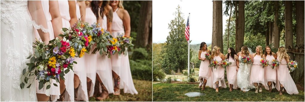 Premier snohomish & seattle wedding photographer | gsquared weddings photography a snohomish bridal party in light pink dresses holds colorful bouquets on the right they walk together outdoors near tall trees and an american flag smiling and laughing at this seattle wedding | serving snohomish seattle                   & beyond