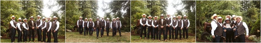 Premier snohomish & seattle wedding photographer | gsquared weddings photography four side by side photos of a group of men in cowboy hats vests and dress shirts posing outdoors in a wooded area near snohomish smiling and standing together in a relaxed seattle wedding engagement style | serving snohomish seattle                   & beyond