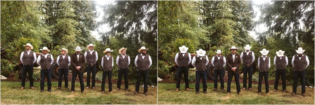 Premier snohomish & seattle wedding photographer | gsquared weddings photography a group of men dressed in vests white shirts ties and cowboy hats pose outdoors at a snohomish seattle wedding engagement In two side by side photos on grass with trees behind them some men are seen without hats | serving snohomish seattle                   & beyond