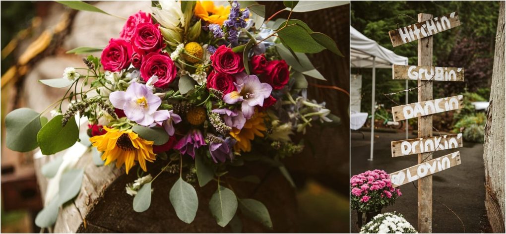 Premier snohomish & seattle wedding photographer | gsquared weddings photography a vibrant bouquet with pink roses sunflowers and greenery sits on a log Nearby a rustic wooden sign points to hitchin grubbin dancin drinkin and lovin at a snohomish seattle wedding engagement event outdoors | serving snohomish seattle                   & beyond
