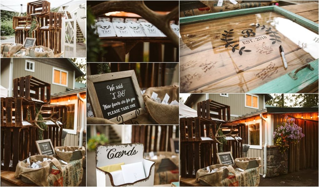 Premier snohomish & seattle wedding photographer | gsquared weddings photography a rustic snohomish wedding display with wooden crates signs for cards and favors a glass guestbook treat bags and twinkling string lights set against a house adorned with flowers and greeneryperfect for your seattle engagement | serving snohomish seattle                   & beyond