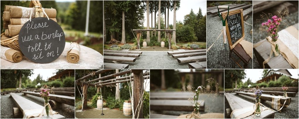 Premier snohomish & seattle wedding photographer | gsquared weddings photography a rustic snohomish outdoor wedding ceremony setup with wooden benches burlap rolls mason jars of wildflowers and a wooden arch surrounded by tall trees a sign invites guests to use a burlap roll to sit on Perfect for a seattle wedding engagement | serving snohomish seattle                   & beyond