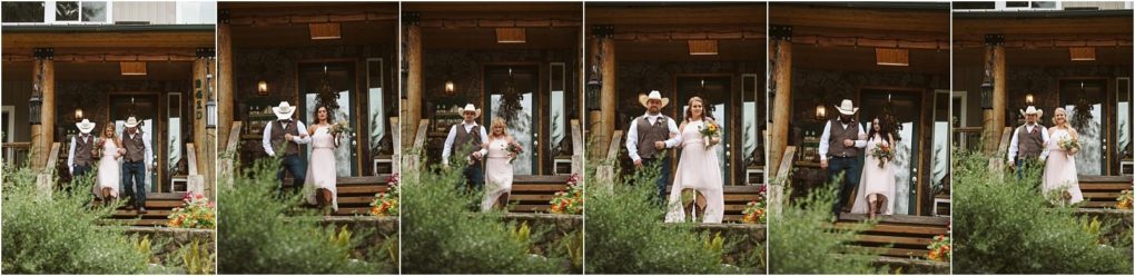 Premier snohomish & seattle wedding photographer | gsquared weddings photography a series of five photos shows a bride in a white dress and cowboy hat walking down wooden steps with different men in cowboy hats and vests outside a rustic building near snohomish with flowers and greenery in the foreground | serving snohomish seattle                   & beyond
