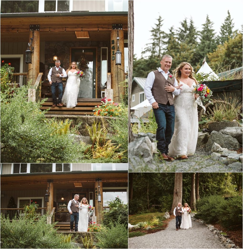 Premier snohomish & seattle wedding photographer | gsquared weddings photography a bride in a white dress and a man in a vest walk down the steps of a rustic snohomish house and along a garden path surrounded by greenery and trees both smiling and holding flowers on their seattle wedding day | serving snohomish seattle                   & beyond
