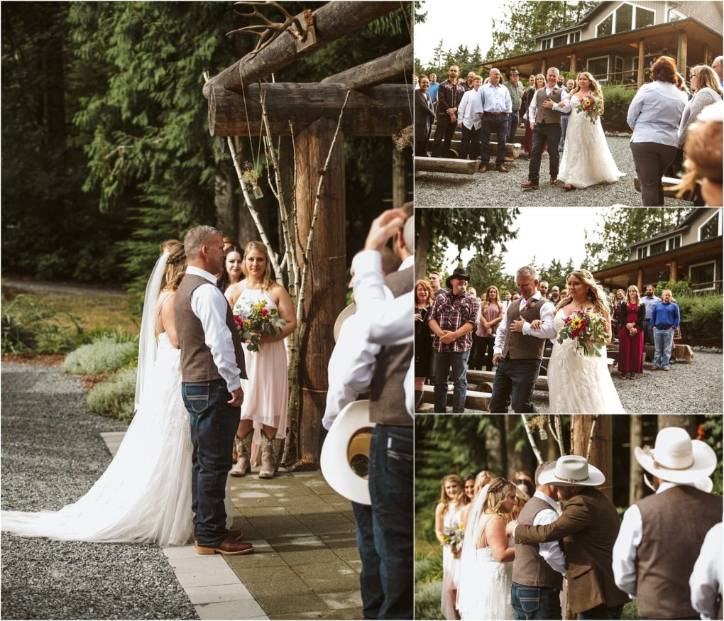 Premier snohomish & seattle wedding photographer | gsquared weddings photography a collage of outdoor snohomish wedding photos a bride and her escort walk down the aisle guests watch and smile and the bride hugs a man in a cowboy hat amid a rustic forest setting | serving snohomish seattle                   & beyond