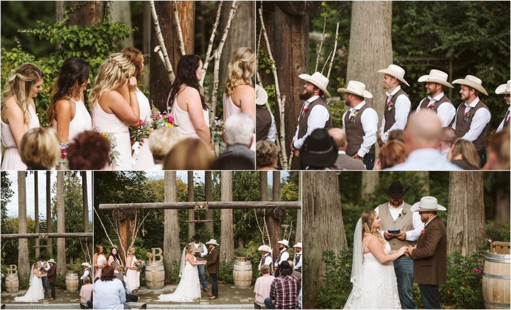 Premier snohomish & seattle wedding photographer | gsquared weddings photography a rustic snohomish wedding ceremony with bridesmaids in pale dresses and groomsmen in cowboy hats and vests as a couple exchanges vows near wooden beams and barrels surrounded by trees guests and the charm of seattle wedding engagement | serving snohomish seattle                   & beyond