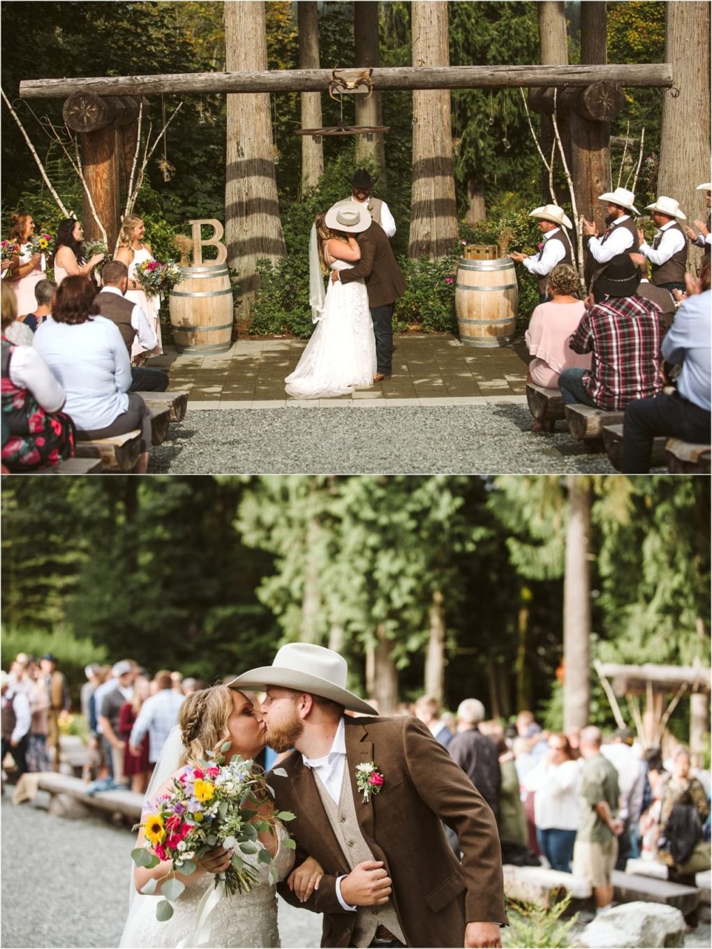 Premier snohomish & seattle wedding photographer | gsquared weddings photography a bride and groom kiss at an outdoor rustic snohomish wedding ceremony surrounded by guests In the second image they walk away smiling sharing another kiss as the bride holds a colorful bouquet | serving snohomish seattle                   & beyond