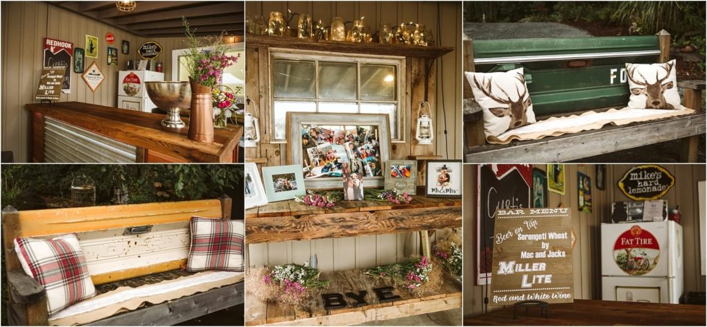 Premier snohomish & seattle wedding photographer | gsquared weddings photography collage of rustic decor vintage signs wooden bar metal cooler antler and plaid pillows wildflower arrangements and framed photos on wooden surfacesperfect for a cozy snohomish seattle wedding or engagement celebration | serving snohomish seattle                   & beyond