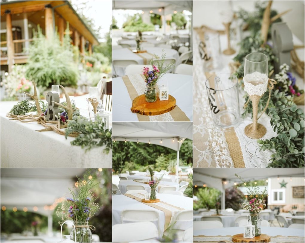 Premier snohomish & seattle wedding photographer | gsquared weddings photography a collage of rustic snohomish wedding decorations features white tables with burlap runners lace accents wildflower centerpieces in glass jars wood slices greenery and outdoor string lights for a charming country inspired atmosphere | serving snohomish seattle                   & beyond