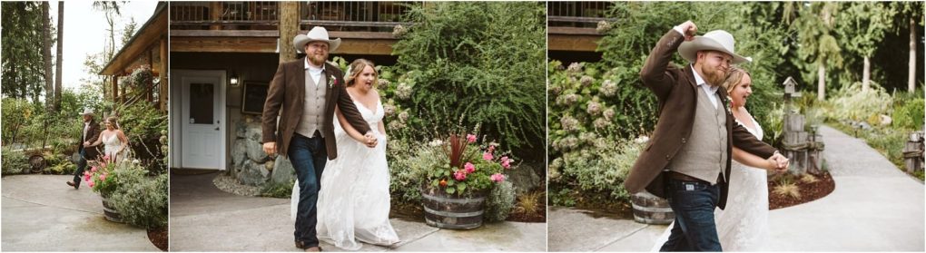 Premier snohomish & seattle wedding photographer | gsquared weddings photography a bride and groom in rustic attire walk joyfully down an outdoor path surrounded by greenery and flowers smiling and celebrating together at their enchanting snohomish seattle wedding | serving snohomish seattle                   & beyond