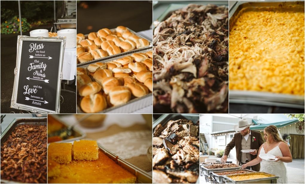 Premier snohomish & seattle wedding photographer | gsquared weddings photography a collage highlights a snohomish wedding buffet with pulled pork macaroni and cheese cornbread rolls and a decorative sign One photo features the bride and groom serving themselves food at their seattle engagement celebration outdoors | serving snohomish seattle                   & beyond