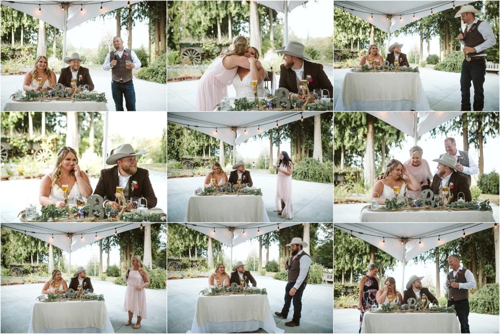 Premier snohomish & seattle wedding photographer | gsquared weddings photography a collage of outdoor snohomish wedding reception photos shows a couple seated at a decorated table under a canopy laughing and listening to guests speeches and toasts in a beautiful garden setting with trees in the background | serving snohomish seattle                   & beyond