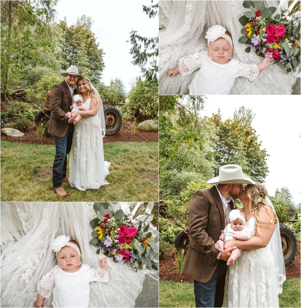 Premier snohomish & seattle wedding photographer | gsquared weddings photography a family in rustic attire stands outdoors by an old tractor near snohomish holding a baby in a white dress and headband Close ups show the baby resting on a lace veil with a bouquet of vibrant flowers nearbyechoing seattle wedding charm | serving snohomish seattle                   & beyond