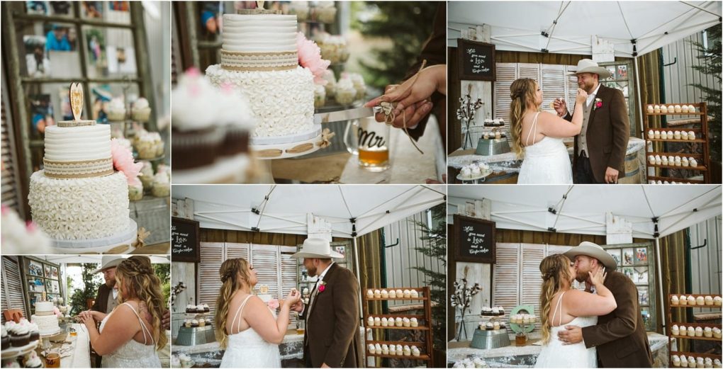 Premier snohomish & seattle wedding photographer | gsquared weddings photography a collage of wedding photos from a snohomish seattle wedding shows a bride and groom cutting a white tiered cake feeding each other cake and sharing a kiss at an outdoor rustic dessert table decorated with cupcakes and wooden signs | serving snohomish seattle                   & beyond