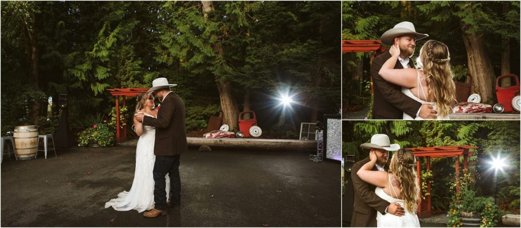 Premier snohomish & seattle wedding photographer | gsquared weddings photography a bride and groom share their first dance outdoors at sunset surrounded by trees and rustic decor Captured near snohomish the groom wears a cowboy hat while the brides wavy hair with flowers shines in three unique photo angles | serving snohomish seattle                   & beyond