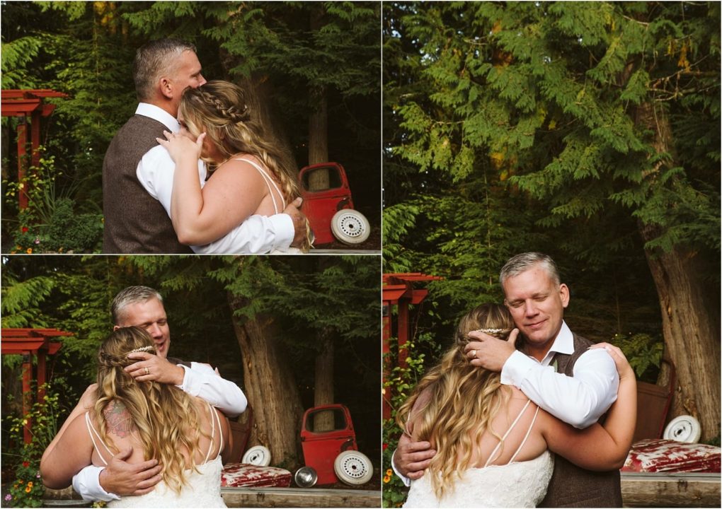 Premier snohomish & seattle wedding photographer | gsquared weddings photography a bride in a white dress and a man in a vest share an emotional hug outdoors at their snohomish wedding surrounded by lush greenery and rustic decor in three different moments | serving snohomish seattle                   & beyond