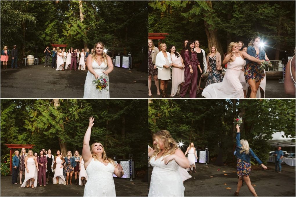 Premier snohomish & seattle wedding photographer | gsquared weddings photography a four panel collage shows a snohomish bride tossing her bouquet outdoors during a seattle wedding in the final panel one woman catches the bouquet while others reach for it all surrounded by tall green trees | serving snohomish seattle                   & beyond