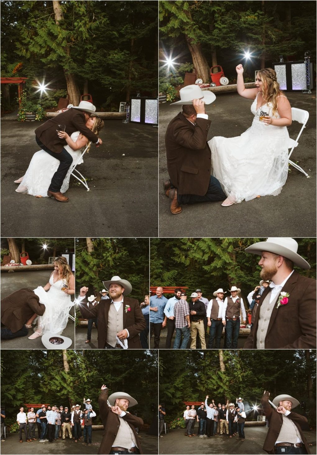 Premier snohomish & seattle wedding photographer | gsquared weddings photography at a snohomish seattle wedding a groom in a cowboy hat removes a garter from his brides leg and tosses it to excited guests outdoors as friends cheer amid the trees | serving snohomish seattle                   & beyond