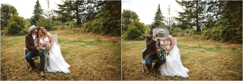 Premier snohomish & seattle wedding photographer | gsquared weddings photography a bride in a white dress and a groom in a hat sit on a chair outdoors kissing and laughing together in a grassy tree filled area during their snohomish seattle wedding engagement In the second photo the grooms hat covers both their faces | serving snohomish seattle                   & beyond
