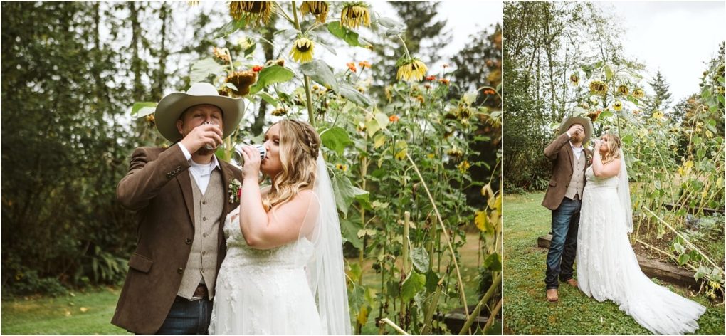 Premier snohomish & seattle wedding photographer | gsquared weddings photography a bride in a white dress and veil and a groom in a cowboy hat and brown jacket stand together outdoors beside tall sunflowers both drinking from small glasses at their lush garden snohomish wedding | serving snohomish seattle                   & beyond