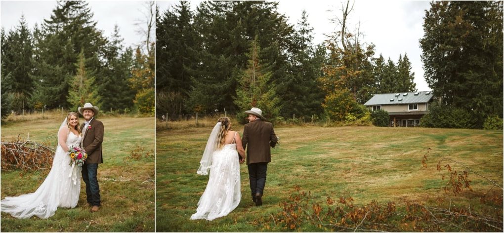 Premier snohomish & seattle wedding photographer | gsquared weddings photography a bride in a white dress and a groom in a cowboy hat stand smiling outdoors on a grassy lawn near trees at their snohomish wedding then walk away together toward a house in the distance | serving snohomish seattle                   & beyond