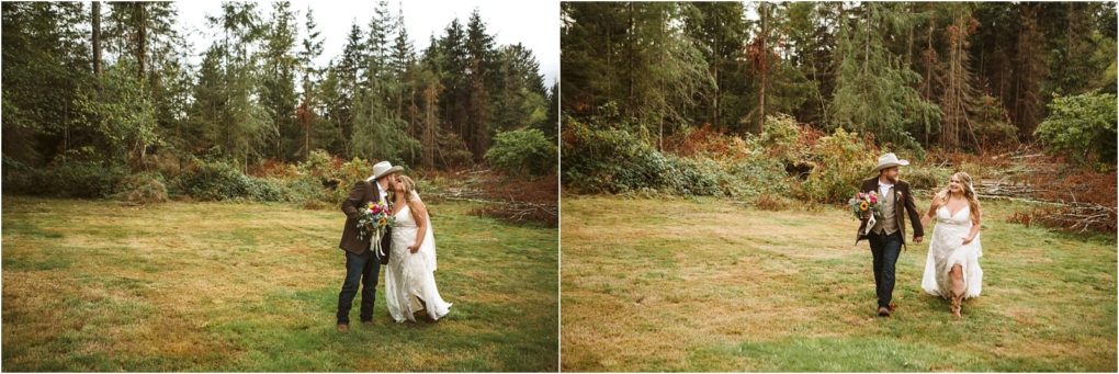 Premier snohomish & seattle wedding photographer | gsquared weddings photography a couple in wedding attire with the groom in a cowboy hat and holding a bouquet walk together on a grassy field surrounded by trees smiling and embracing during their snohomish seattle wedding engagement | serving snohomish seattle                   & beyond
