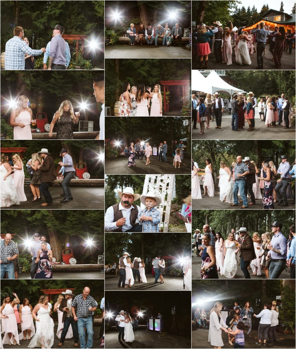 Premier snohomish & seattle wedding photographer | gsquared weddings photography a collage of snohomish wedding reception photos shows guests dancing mingling and celebrating outdoors at night with string lights greenery and wooden decor The bride and groom enjoy time with family and friends at this seattle area celebration | serving snohomish seattle                   & beyond