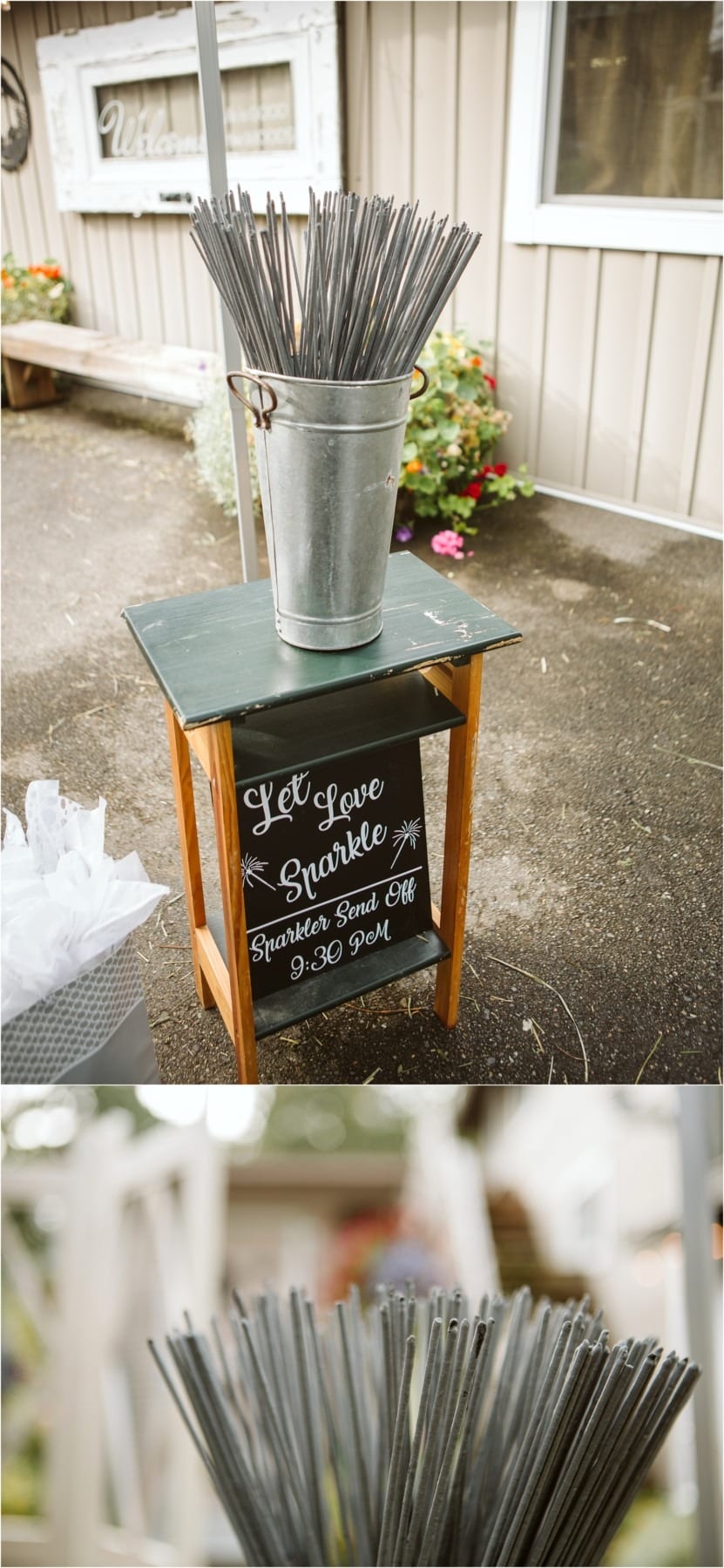 Premier snohomish & seattle wedding photographer | gsquared weddings photography a metal bucket filled with long sparklers sits on a small wooden table Perfect for a snohomish seattle wedding a chalkboard sign reads let love sparkle sparkler send off 930 pm The setup is outside near a building and flowers | serving snohomish seattle                   & beyond