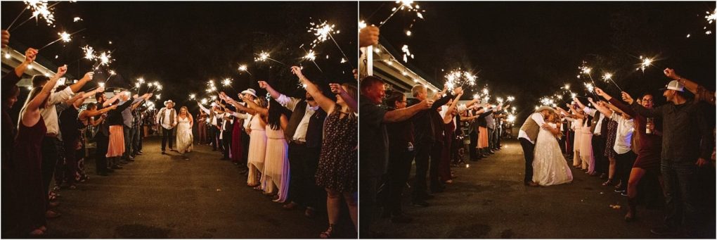 Premier snohomish & seattle wedding photographer | gsquared weddings photography a snohomish bride and groom walk down an outdoor path at night surrounded by cheering guests holding sparklers In the second image the couple kisses as their seattle wedding guests celebrate with raised sparklers | serving snohomish seattle                   & beyond