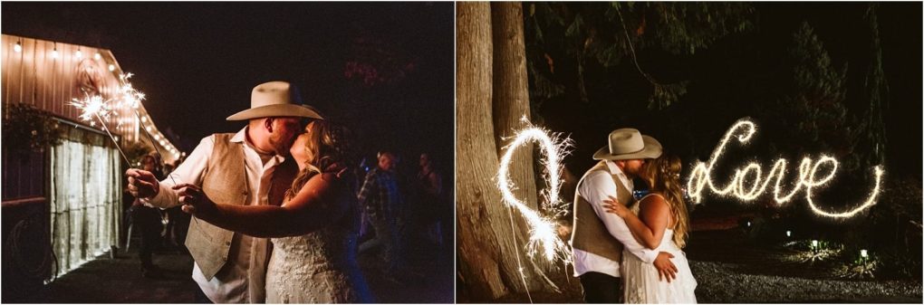 Premier snohomish & seattle wedding photographer | gsquared weddings photography a bride and groom in cowboy attire share a kiss while holding sparklers at night during their snohomish seattle wedding one photo features the word love written with sparklers in the air | serving snohomish seattle                   & beyond