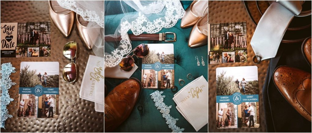 Premier snohomish & seattle wedding photographer | gsquared weddings photography a flat lay of snohomish wedding accessories including photos a save the date card lace veil jewelry sunglasses wedding rings shoes a belt and a tie arranged on a metallic and teal surface | serving snohomish seattle                   & beyond