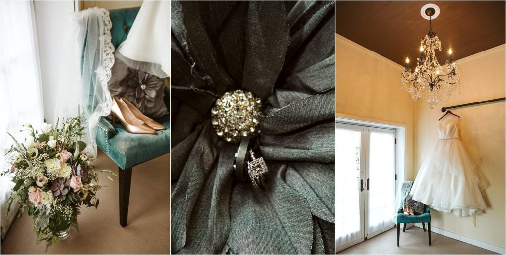 Premier snohomish & seattle wedding photographer | gsquared weddings photography a collage captures a snohomish bridal bouquet and shoes by a chair close up rings on jeweled fabric flowers and a wedding dress hanging near a chandelier in a bright seattle room | serving snohomish seattle                   & beyond