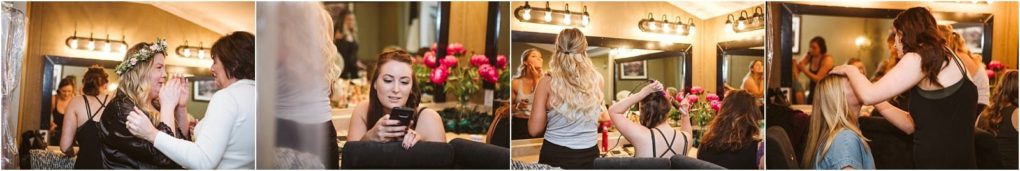 Premier snohomish & seattle wedding photographer | gsquared weddings photography a collage shows women in a dressing room getting ready for a snohomish seattle weddingstyling hair chatting and looking at a phone Mirrors flowers and soft lighting create a warm lively atmosphere | serving snohomish seattle                   & beyond