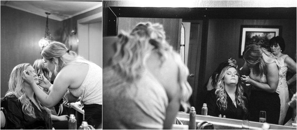 Premier snohomish & seattle wedding photographer | gsquared weddings photography two black and white photos capture a woman with long hair getting her makeup done for a snohomish wedding one is a close up the other shows her reflected in a mirror as two people assist with her seattle engagement look | serving snohomish seattle                   & beyond