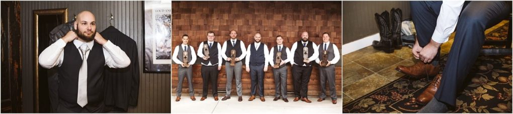 Premier snohomish & seattle wedding photographer | gsquared weddings photography three photos a man puts on a suit jacket a group of seven men in vests and ties stand side by side and a close up of a man tying the laces of brown dress shoes on a patterned rugcapturing stylish moments from this snohomish seattle wedding | serving snohomish seattle                   & beyond