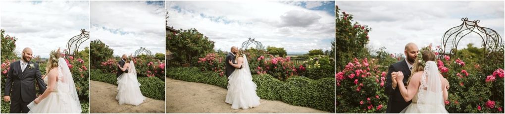Premier snohomish & seattle wedding photographer | gsquared weddings photography a bride and groom share a first look and emotional embrace outdoors at their snohomish seattle wedding surrounded by blooming pink roses and greenery under a partly cloudy sky The sequence captures their joy and connection | serving snohomish seattle                   & beyond