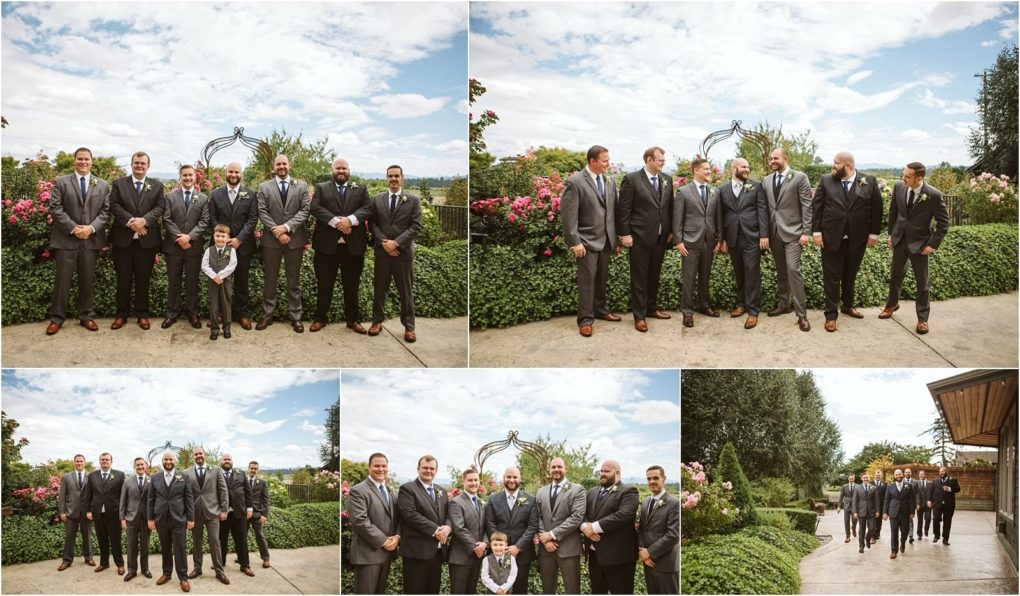 Premier snohomish & seattle wedding photographer | gsquared weddings photography four photos capture groomsmen and a young ring bearer in suits standing and walking together amid lush greenery and flowers during a bright partly cloudy snohomish seattle wedding day | serving snohomish seattle                   & beyond