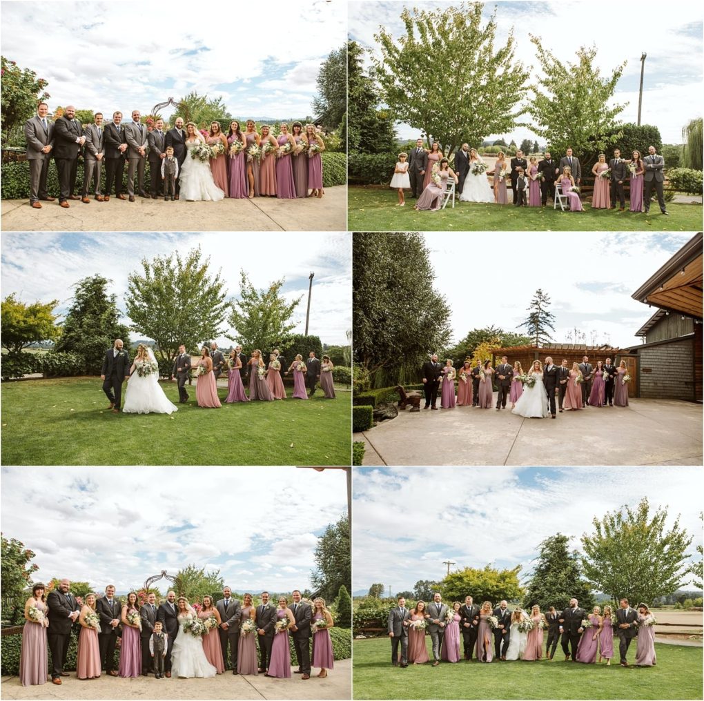 Premier snohomish & seattle wedding photographer | gsquared weddings photography a collage of six outdoor snohomish wedding photos shows a bride groom and their wedding party posing together Bridesmaids wear mauve dresses groomsmen wear dark suits and everyone is smiling on a green lawn under a bright sky | serving snohomish seattle                   & beyond