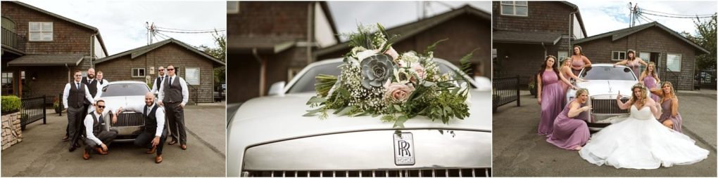 Premier snohomish & seattle wedding photographer | gsquared weddings photography a snohomish wedding party poses around a white rolls royce outside a rustic building a close up shows a floral bouquet on the cars hood and bridesmaids in mauve dresses gather with the bride in a white gown by the car | serving snohomish seattle                   & beyond