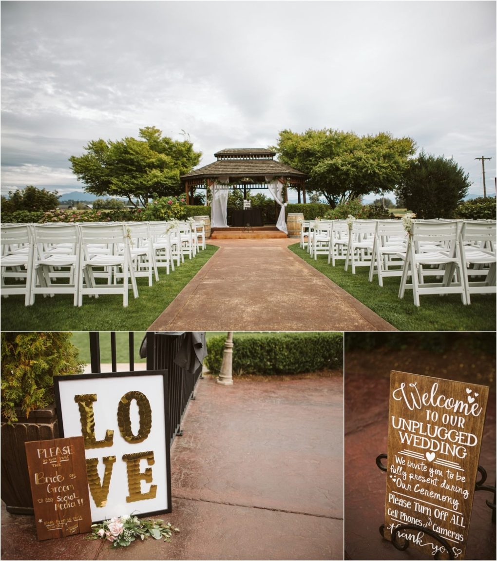 Premier snohomish & seattle wedding photographer | gsquared weddings photography an outdoor snohomish wedding ceremony setup features white chairs facing a gazebo Signs in the foreground include the word love and a welcome sign asking guests to keep phones and cameras away during the ceremony | serving snohomish seattle                   & beyond